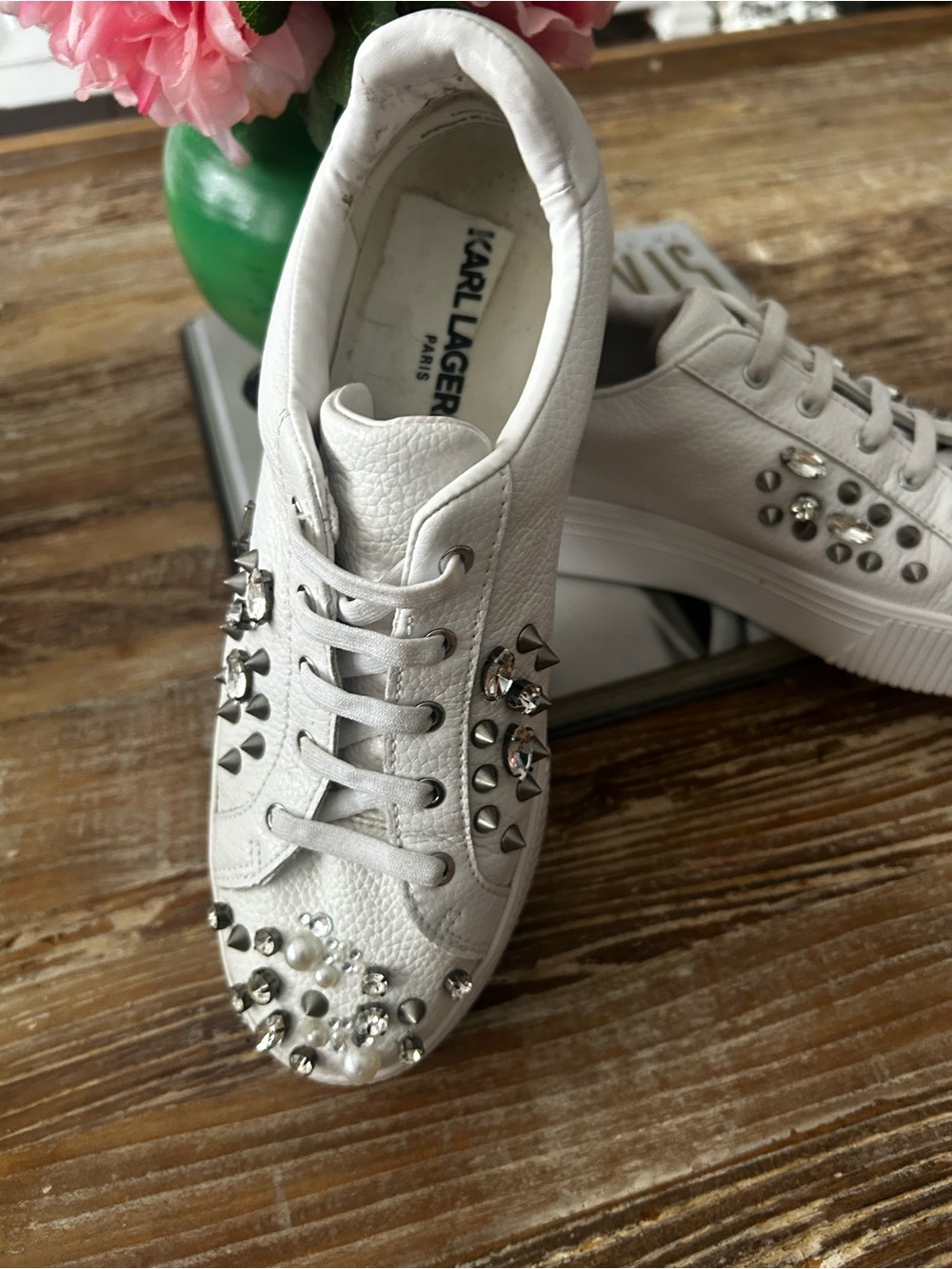 Karl Lagerfeld White Leather Studded & Crystal Lace-Up Sneakers